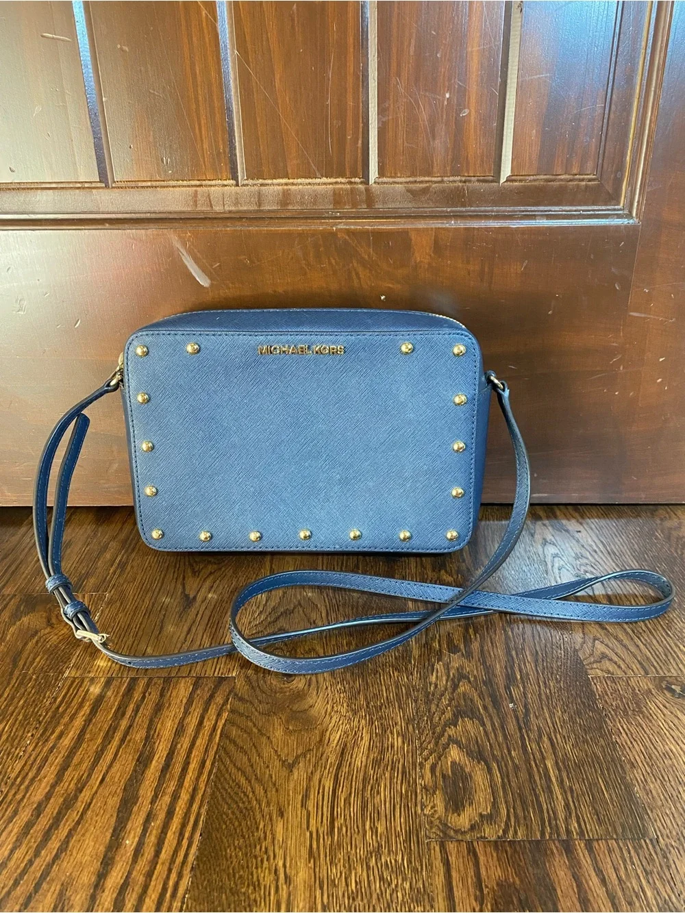Michael Kors Sandrine Gold Studded MK EW Crossbody Bag Navy Saffiano Leather